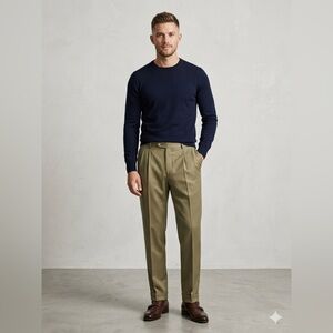 Zanella Olive Green Pleated Dress Pants.100%wool. Made in Italy.
A8